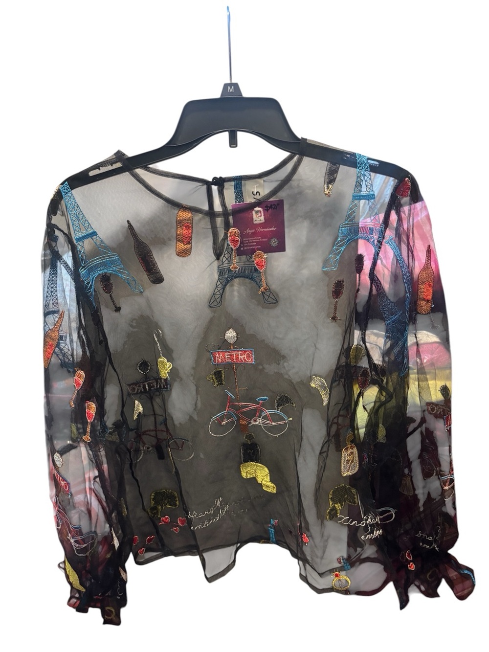 Metro Sheer Black Blouse with Multicolor Paris Embroidery